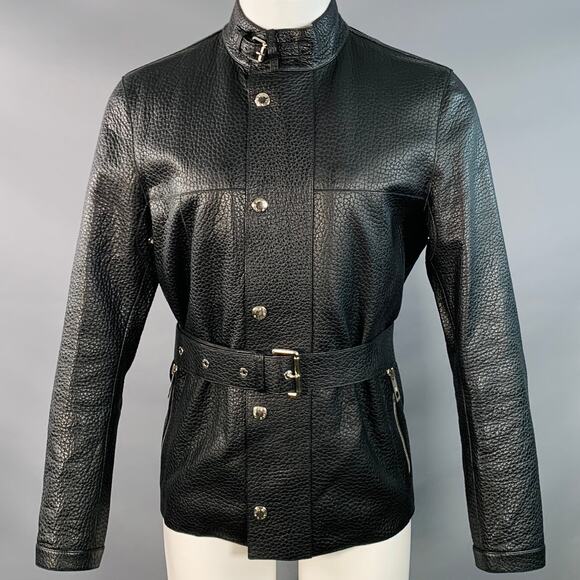 LOUIS VUITTON Size S Black Pebble Grain Bullhide Leather Zip Snaps Belted Jacket - Picture 1 of 8